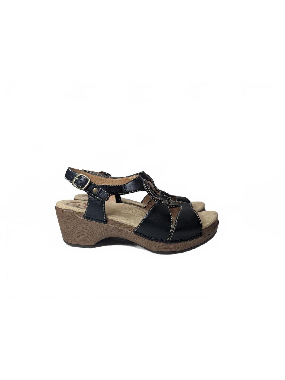 Dansko Sigrid Black Leather Slingback Sandals with Wooden Wedge Platform Size 39